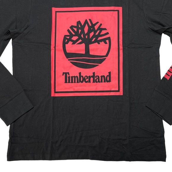 Timberland Cotton Black/Red Long Sleeve Stack Logo Regular Fit Mens Tee - Picture 4 of 9